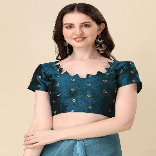 Fancy Embellished Teal Blue Coloured Silk Saree with Blouse Piece - Springkart 