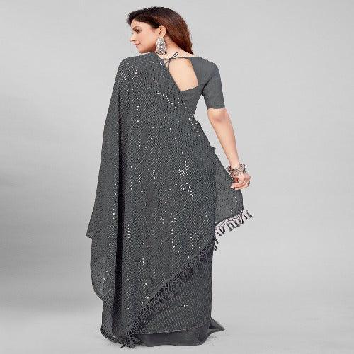 Fancy Sequined Embroidered Grey Coloured Georgette Saree with Blouse Piece - Springkart 