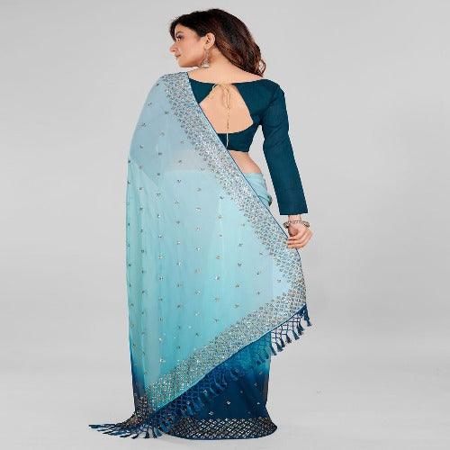 Fancy Sequined Embroidered Teal Blue and Sky Blue Coloured Georgette Saree with Blouse Piece - Springkart 