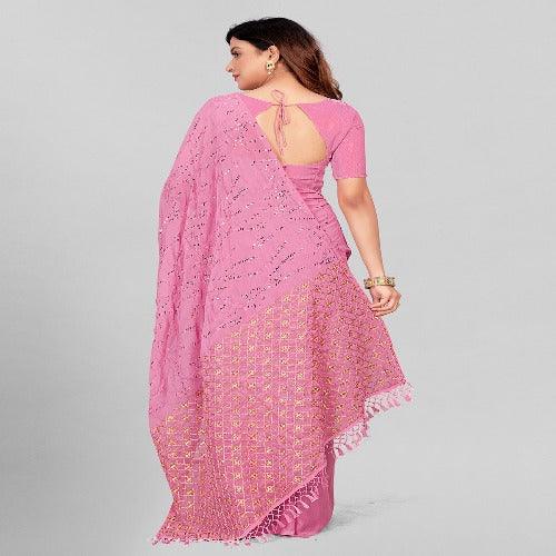 Fancy Sequined Embroidered Peach Pink Coloured Georgette Saree with Blouse Piece - Springkart 