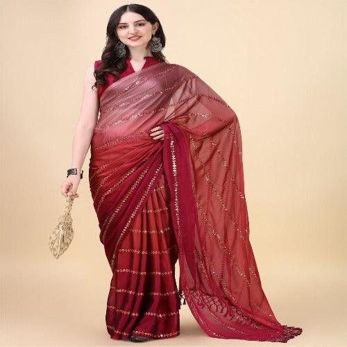 Fancy Sequined Embroidered Pink Coloured Silk Saree with Blouse Piece - Springkart 