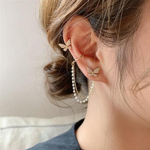 AVR JEWELS High sense of asymmetric butterfly pearl ear bone clip earrings all-in-one female super fairy tassel earrings - Springkart 