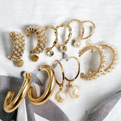 AVR JEWELS Combo Of 9 Stunning Gold Plated Pearl Studs and Hoop Earrings - Springkart 