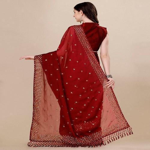 Fancy Sequined Embroidered Red Coloured Silk Saree with Blouse Piece - Springkart 