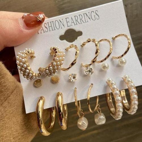 AVR JEWELS Combo Of 9 Stunning Gold Plated Pearl Studs and Hoop Earrings - Springkart 