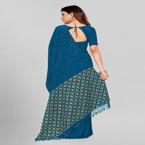 Fancy Sequined Embroidered Teal Blue Coloured Georgette Saree with Blouse Piece - Springkart 