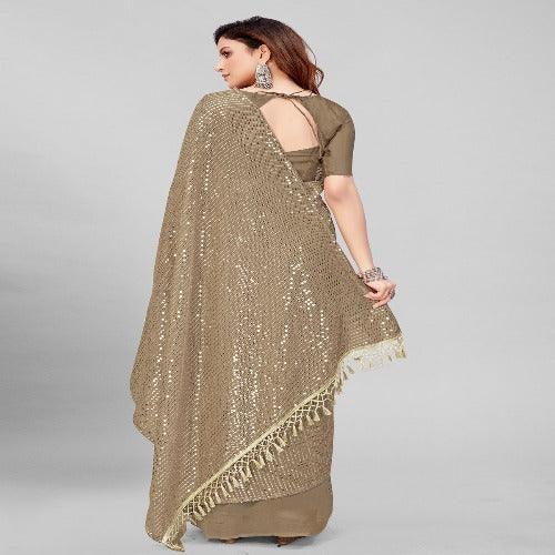 Fancy Sequined Embroidered Beige Coloured Georgette Saree with Blouse Piece - Springkart 