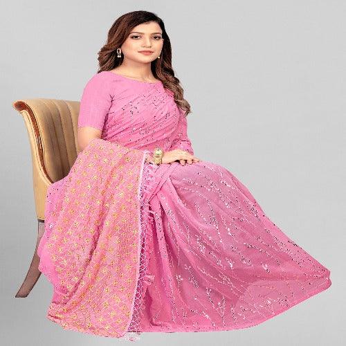 Fancy Sequined Embroidered Peach Pink Coloured Georgette Saree with Blouse Piece - Springkart 