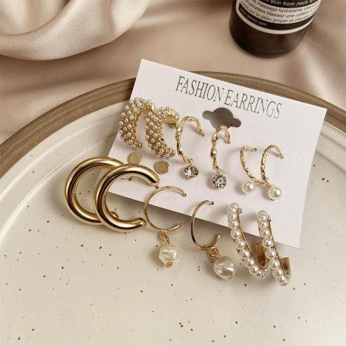 AVR JEWELS Combo Of 9 Stunning Gold Plated Pearl Studs and Hoop Earrings - Springkart 