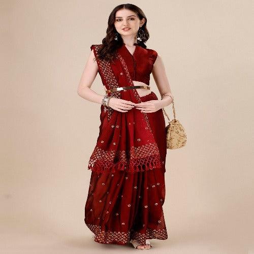 Fancy Sequined Embroidered Red Coloured Silk Saree with Blouse Piece - Springkart 