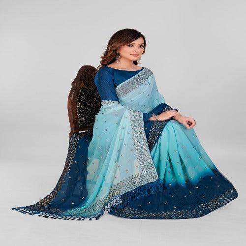 Fancy Sequined Embroidered Teal Blue and Sky Blue Coloured Georgette Saree with Blouse Piece - Springkart 