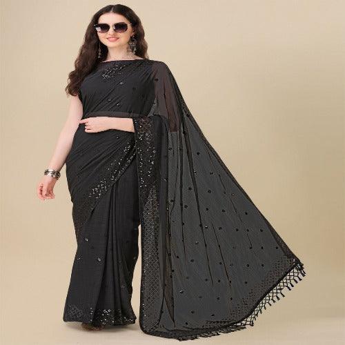 Fancy Sequined Embroidered Black Coloured Georgette Saree with Blouse Piece - Springkart 