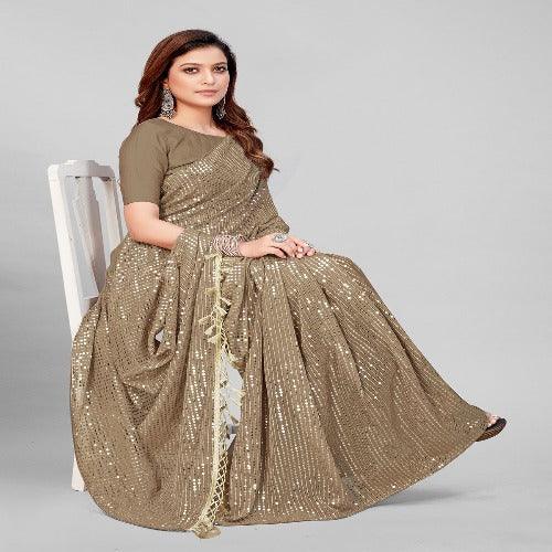 Fancy Sequined Embroidered Beige Coloured Georgette Saree with Blouse Piece - Springkart 