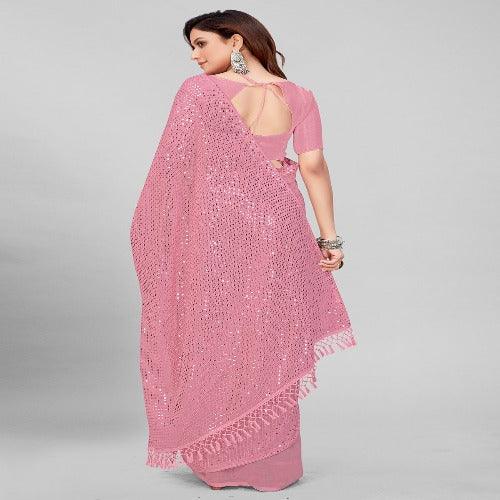 Fancy Sequined Embroidered Peach Pink Coloured Georgette Saree with Blouse Piece - Springkart 