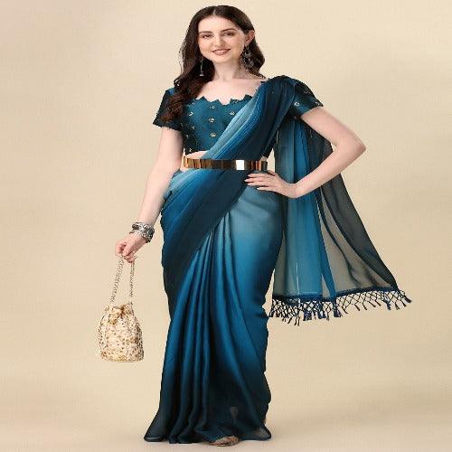 Fancy Embellished Teal Blue Coloured Silk Saree with Blouse Piece - Springkart 