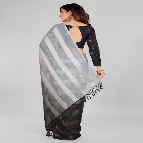 Fancy Embellished Grey and Black Coloured Silk Blend Saree with Blouse Piece - Springkart 