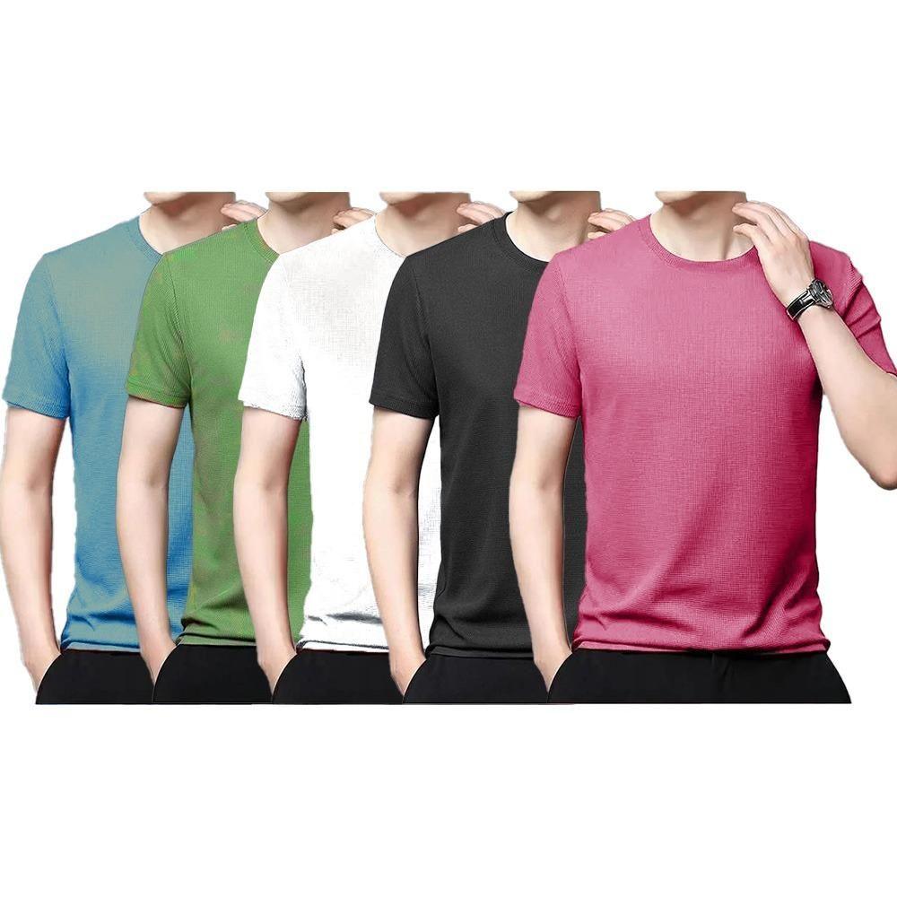 Polyester Stretchable Solid Half Sleeves Mens Round Neck T-Shirt Pack Of 5 - Springkart 