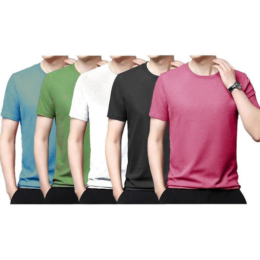 Polyester Stretchable Solid Half Sleeves Mens Round Neck T-Shirt Pack Of 5 - Springkart 