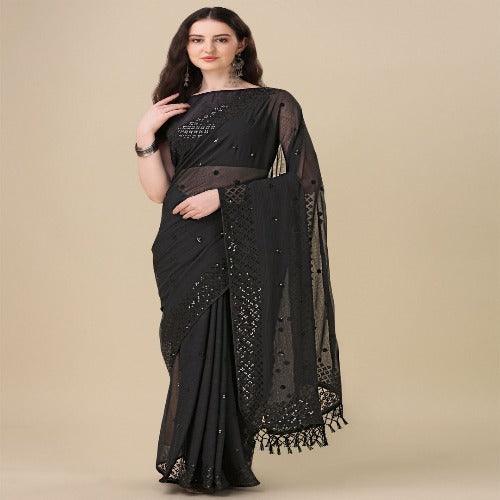 Fancy Sequined Embroidered Black Coloured Georgette Saree with Blouse Piece - Springkart 