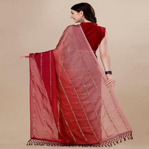 Fancy Sequined Embroidered Pink Coloured Silk Saree with Blouse Piece - Springkart 