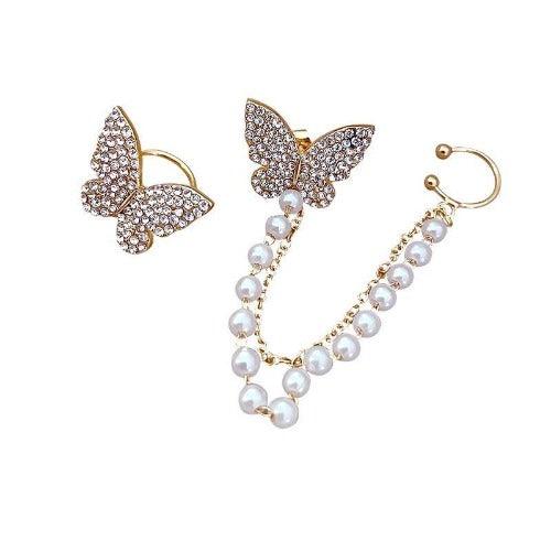 AVR JEWELS High sense of asymmetric butterfly pearl ear bone clip earrings all-in-one female super fairy tassel earrings - Springkart 