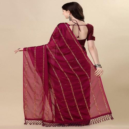 Fancy Sequined Embroidered Purple Coloured Silk Saree with Blouse Piece - Springkart 