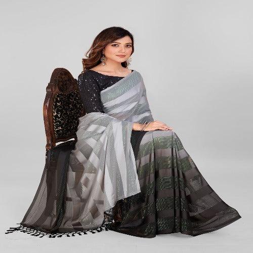 Fancy Embellished Grey and Black Coloured Silk Blend Saree with Blouse Piece - Springkart 