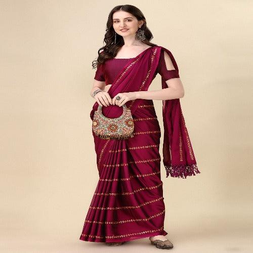 Fancy Sequined Embroidered Purple Coloured Silk Saree with Blouse Piece - Springkart 